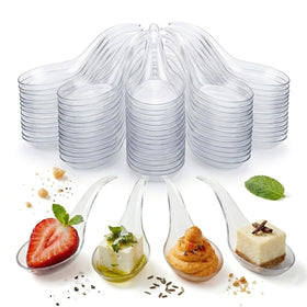Kingrol 200 Mini Appetizer Spoons; clear 4.75-inch bite-sized serving for tastings.