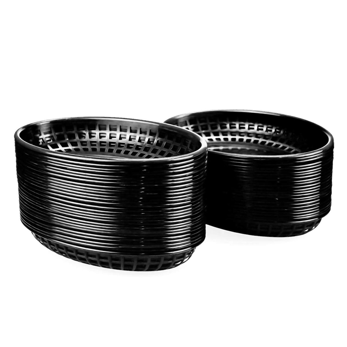 Kingrol 50-pack black oval basket for fast-service, ideal for burgers and fries.