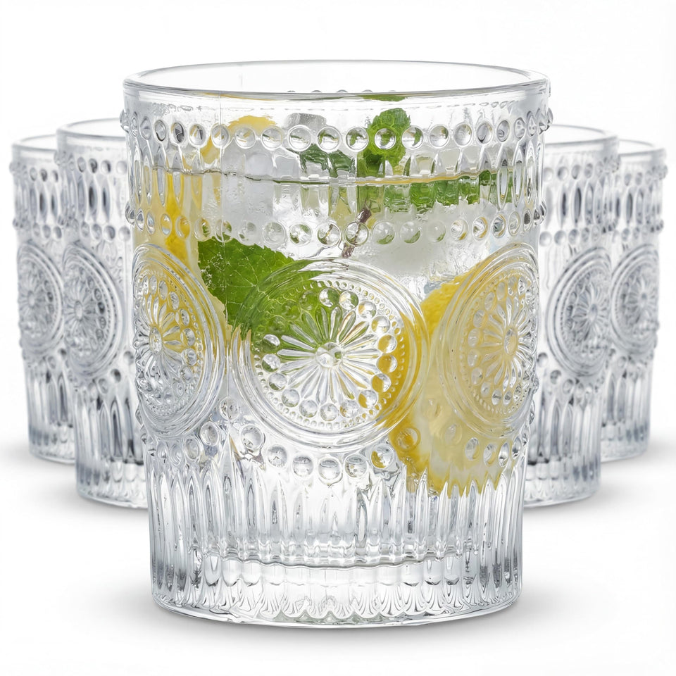Kingrol small 9oz embossed tumbler with textured grip, ideal for juice or cocktails.