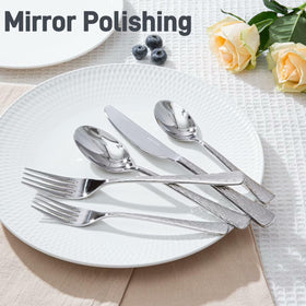 Kingstone 18/10 stainless steel flatware with ripple handles for a modern look.