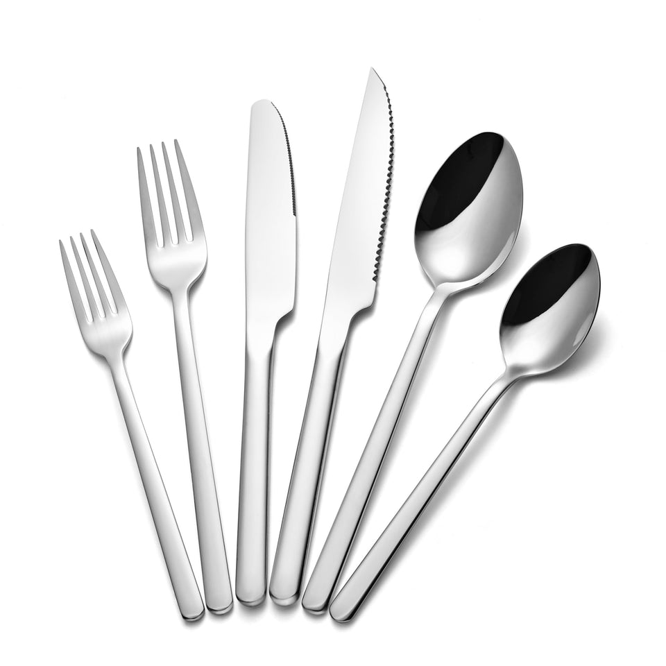Kingstone 36-piece silverware set shown with mirror finish for daily dining and entertaining