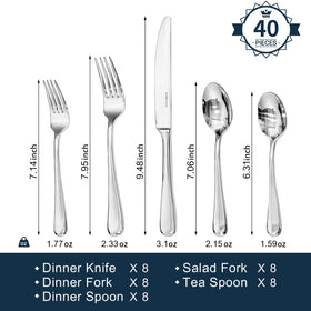 Kingstone 40-piece silverware set teaspoons great for coffee and desserts.