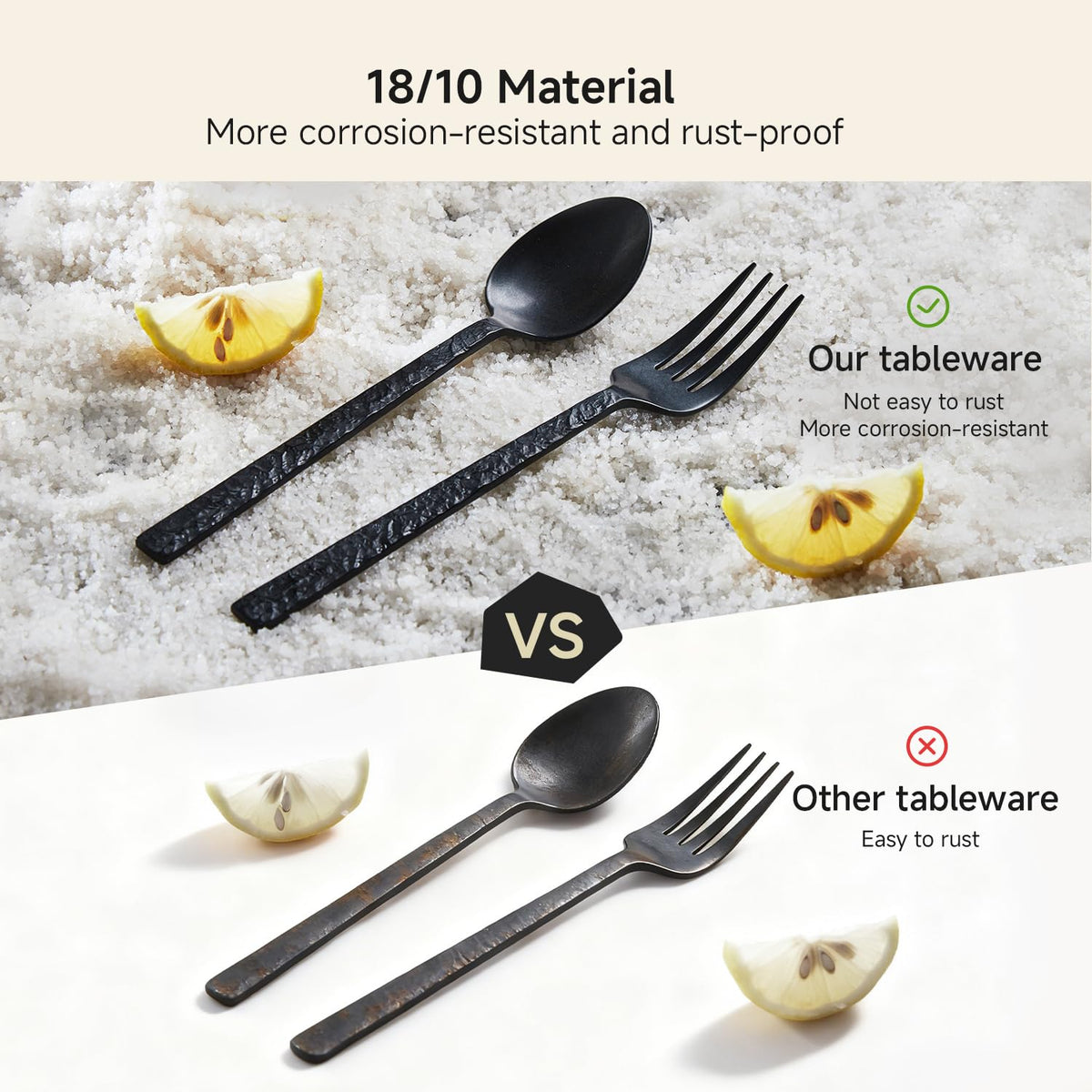 Close-up of Kingstone black hammered finish on flatware