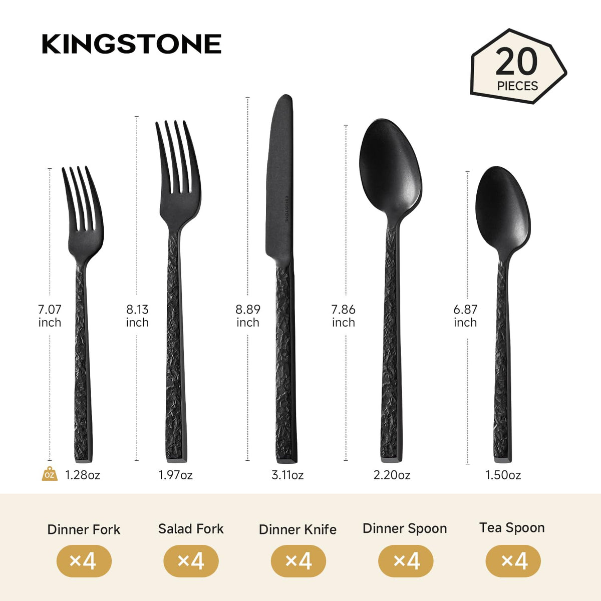 Kingstone black hammered flatware set for 4 with dinner forks for sturdy dining