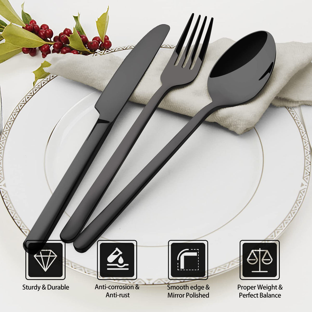 Kingstone black silverware knife offers balanced grip for comfortable daily meals.