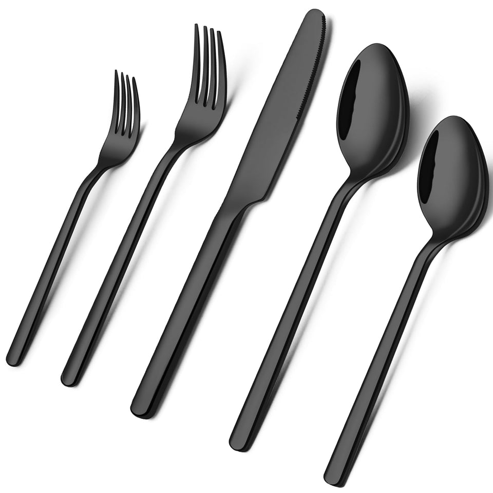 KINGSTONE black silverware set 20-piece assembly shows modern finish for refined everyday dining.
