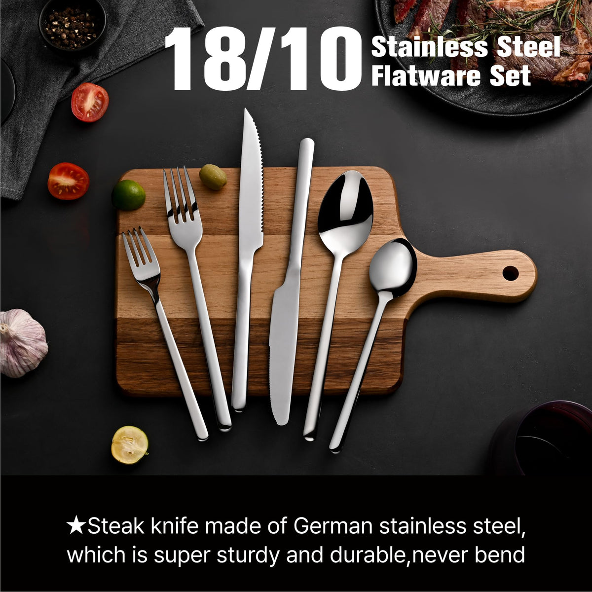 Mirror-polished handles reflect light for a modern table look.