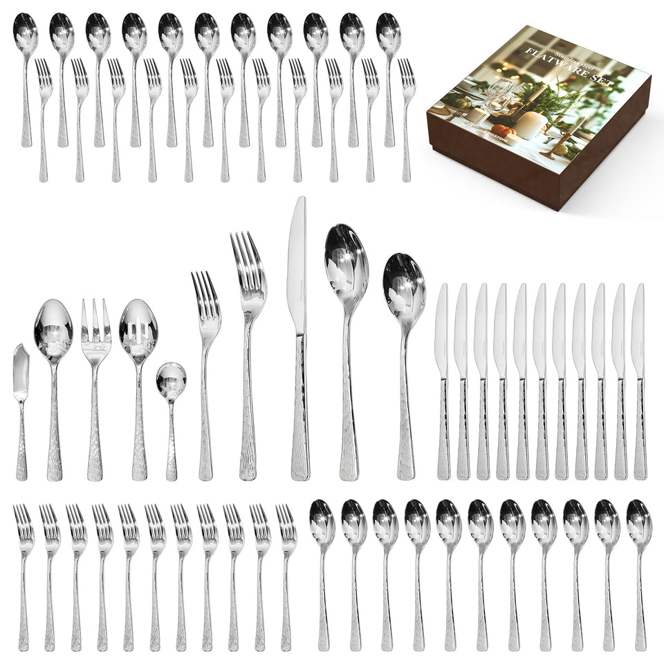 Kingstone hammered silverware set on a formal table with durable 18/10 stainless steel.