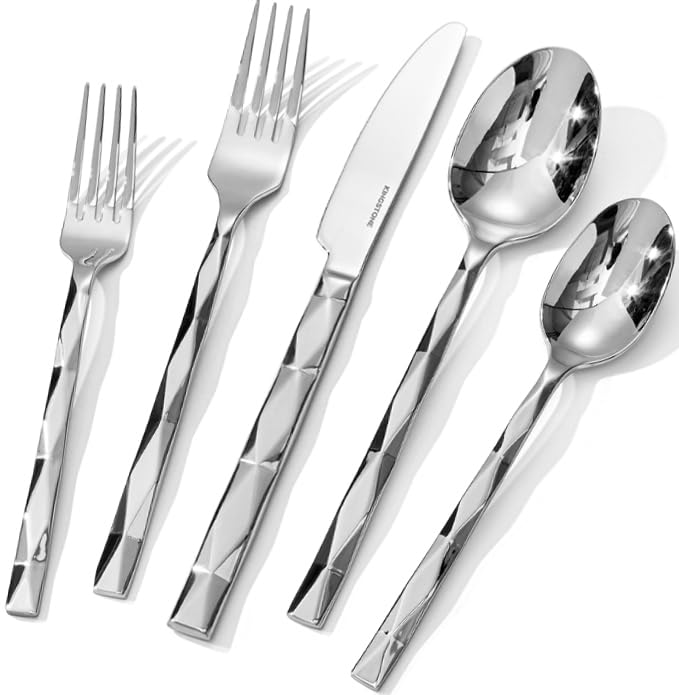 Kingstone silverware 20pc set with diamond-cut pattern for refined dining.