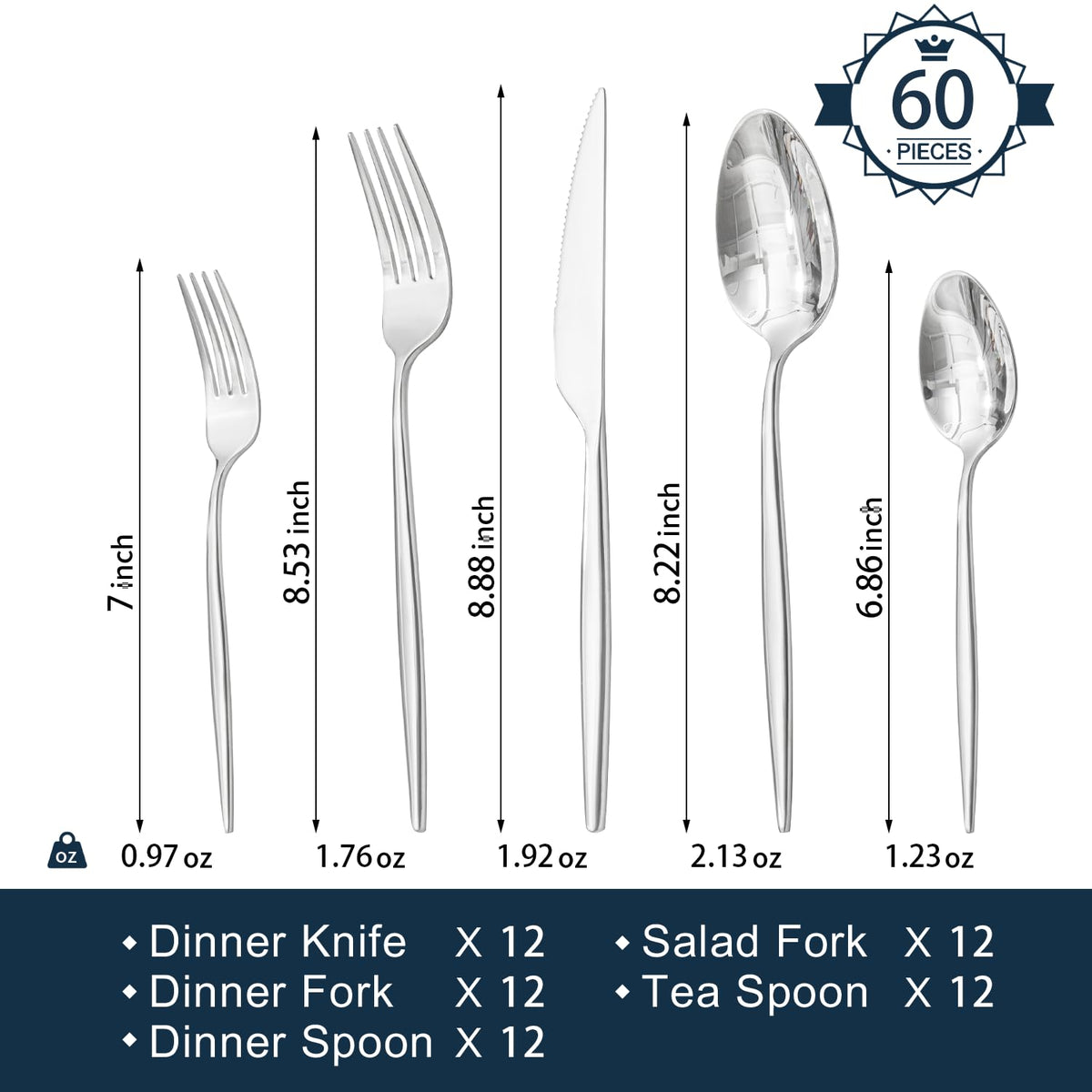 KINGSTONE silverware set 60pc salad forks for fresh table service.