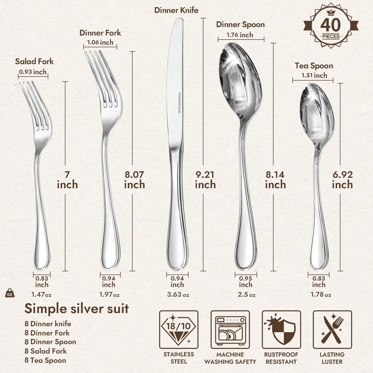 KINGSTONE teardrop salad fork beside plate, comfortable weight and balanced feel.