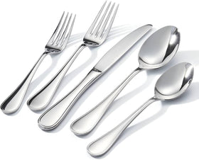 Kingstone teardrop silverware close-up highlighting mirror polish and sturdy 18/10 stainless steel.