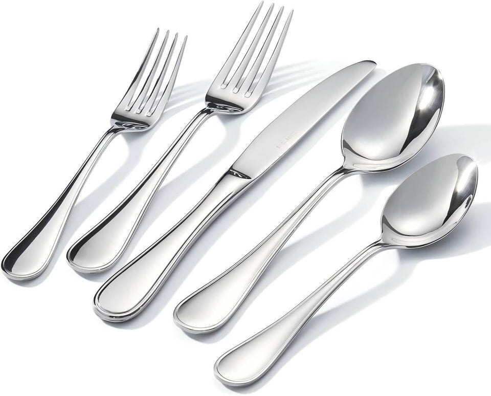 Kingstone teardrop silverware close-up highlighting mirror polish and sturdy 18/10 stainless steel.