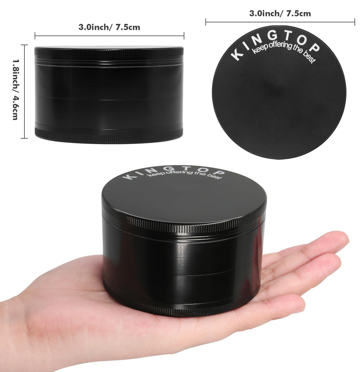 KINGTOP grinder top view shows sleek midnight finish and compact 3-inch design for easy storage.