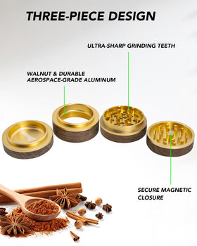 Close-up of Kingtop logo on walnut grinder mouth, signaling durability.