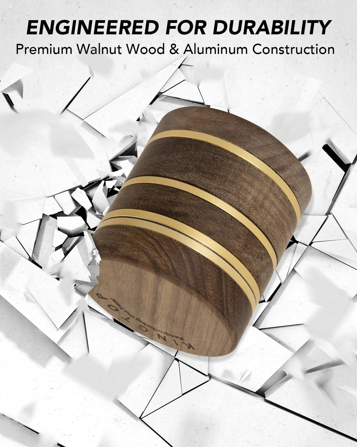 Sleek walnut tones paired with aluminum hardware for a premium kitchen tool.