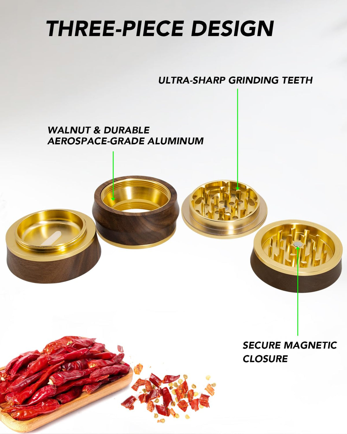 KINGTOP Grinder combines walnut wood and aluminum for durable, stylish construction.