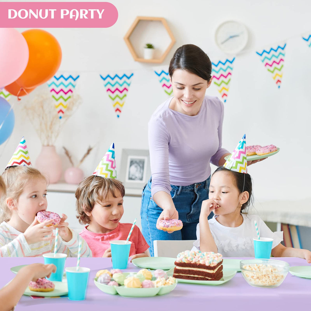 Kinlop disposable pastel tablecloth enables quick cleanup after parties