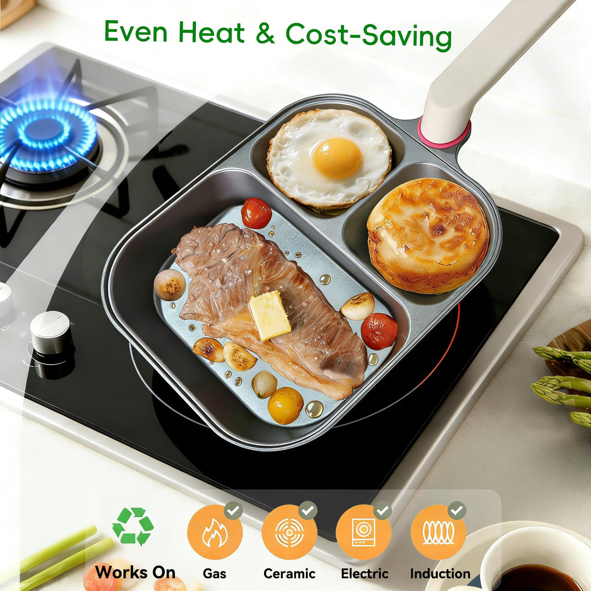 KINSUDA 9.25-inch pan round wells perfect for eggs and mini pancakes.