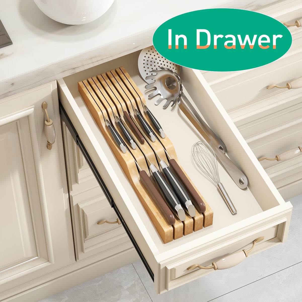 Kiplant bamboo knife block designed for drawer use keeps counters tidy