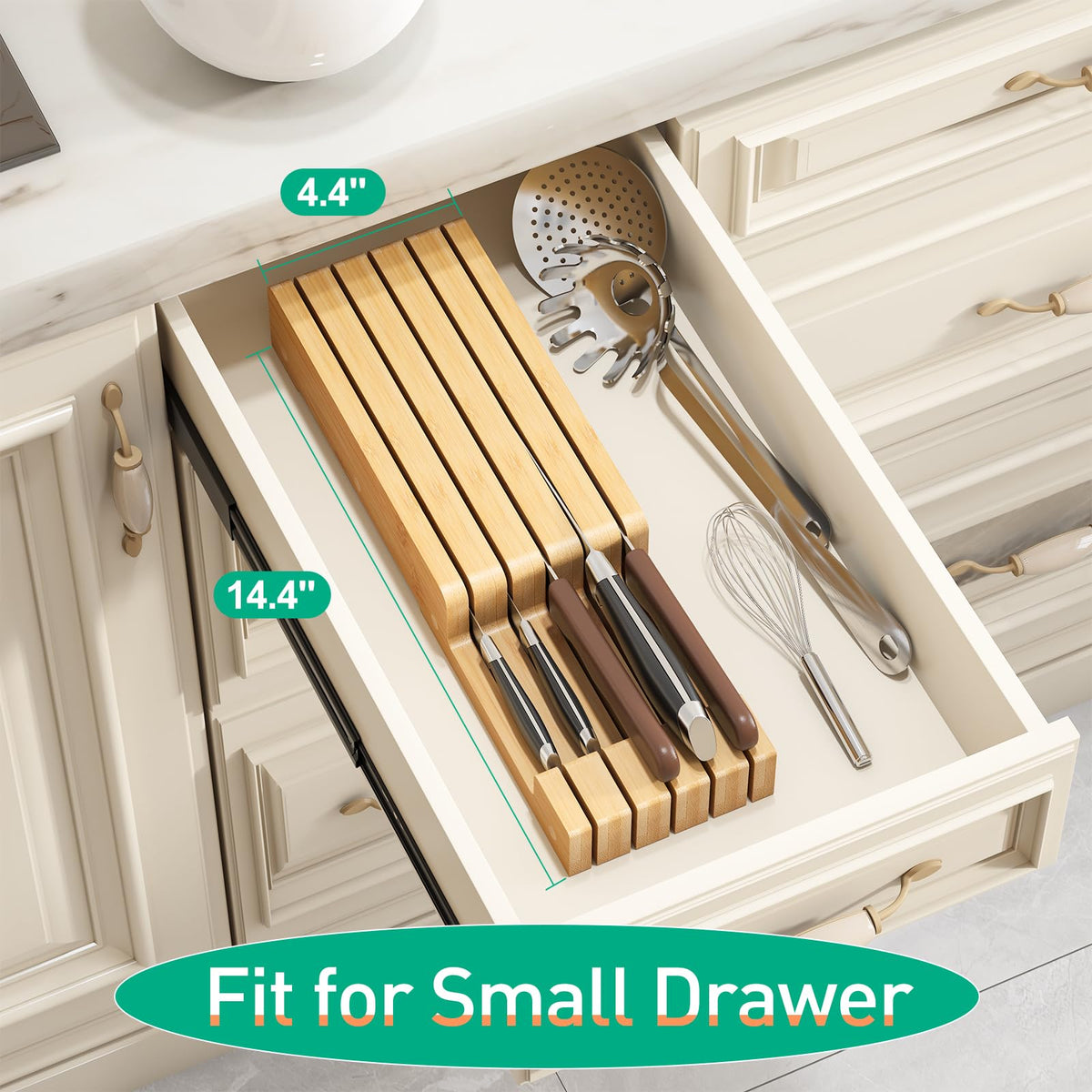 Bamboo knife organizer showcasing five compartments for orderly storage.
