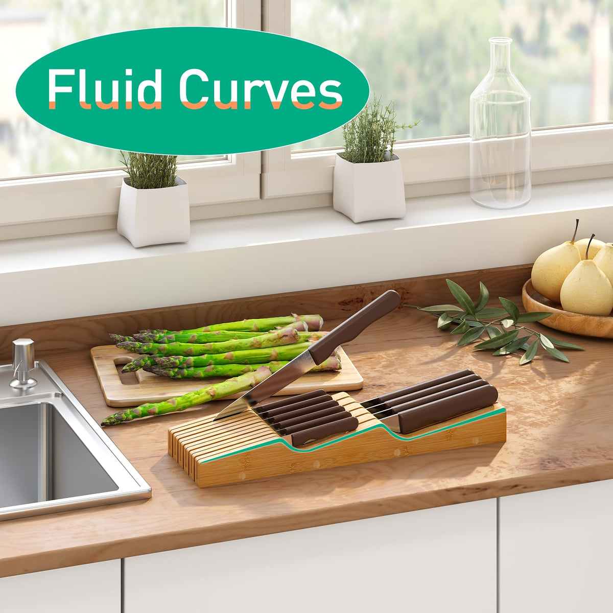 Kiplant easy-clean bamboo surface wipes clean after meal prep.