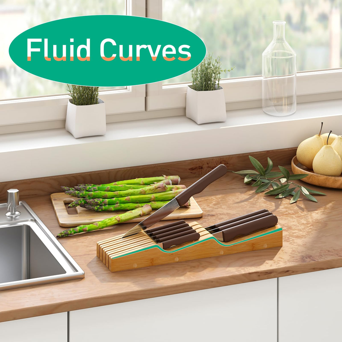 Kiplant knife block on countertop for easy access during cooking
