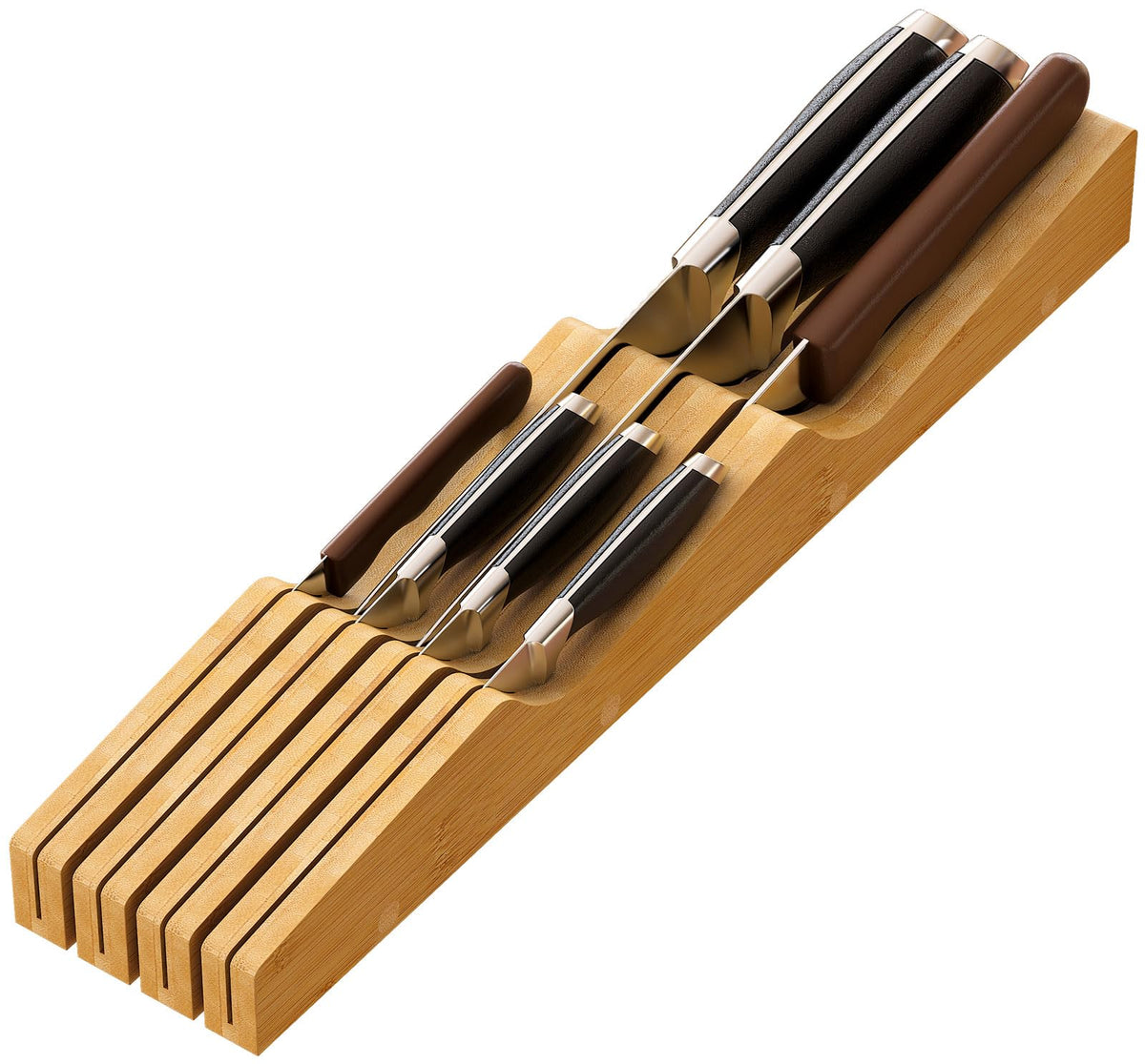 Kiplant knife drawer organizer with bamboo body, keeps knives neatly arranged and ready.