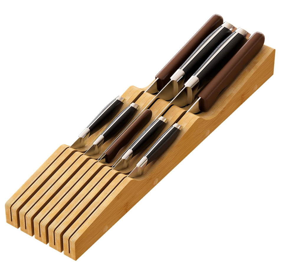 Kiplant knife drawer organizer in bamboo neatly stores nine blades