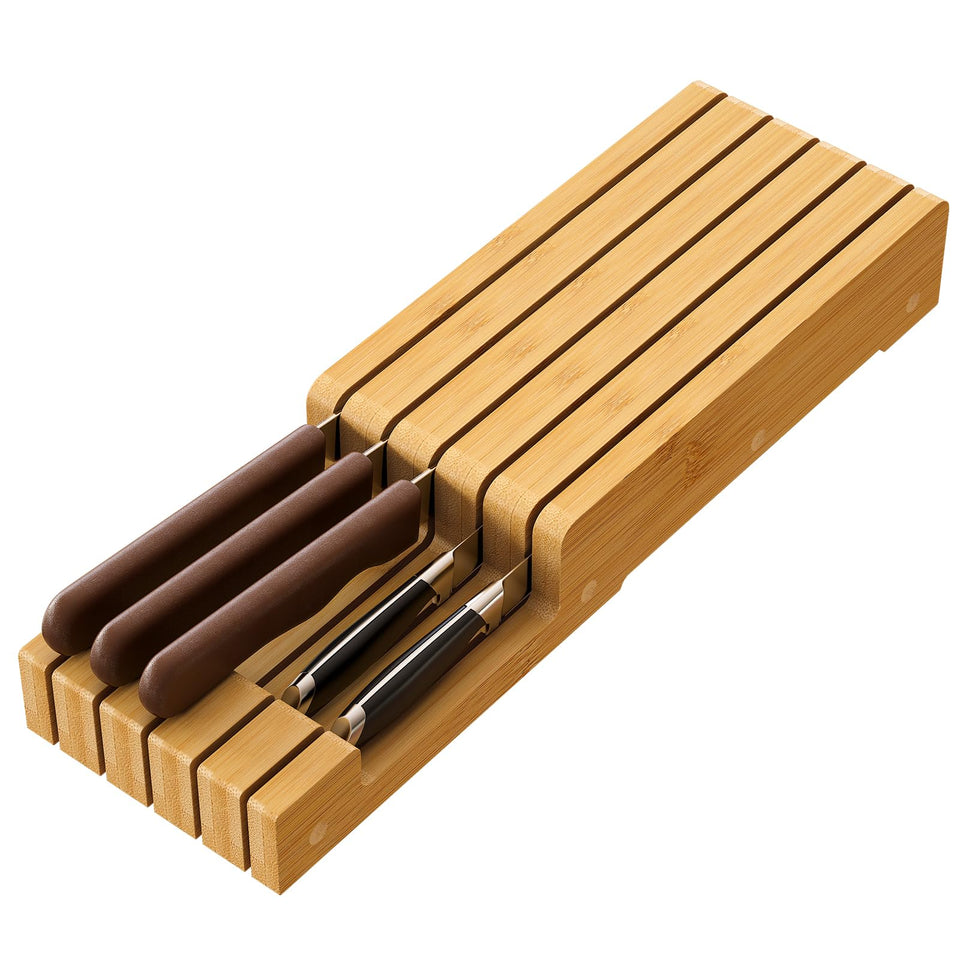 Kiplant knife organizer in bamboo drawer insert with five slots for easy access.