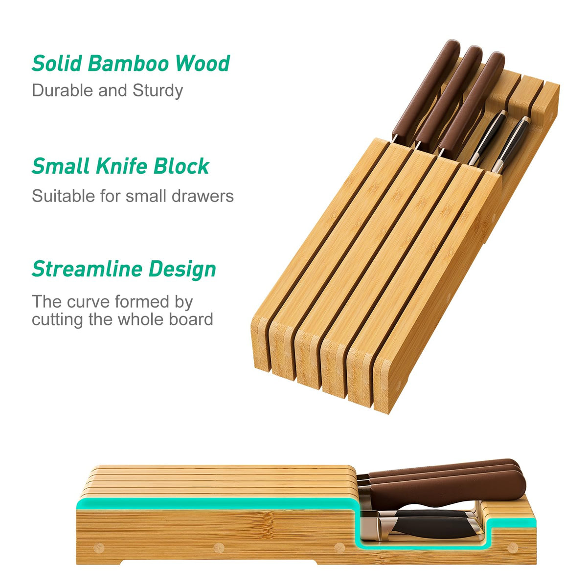 Five-slot bamboo knife organizer designed for in-drawer storage.