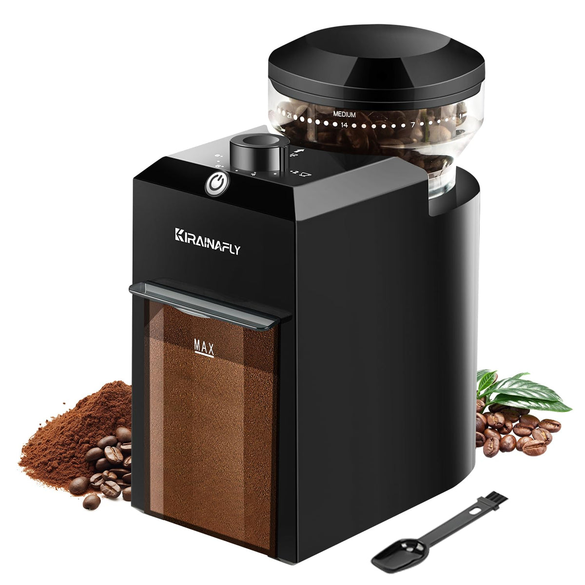 Kirainafly electric burr grinder front view showing compact design for easy storage.