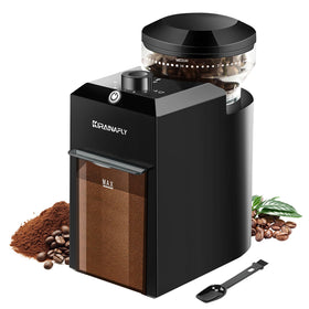 Kirainafly electric burr grinder front view showing compact design for easy storage.