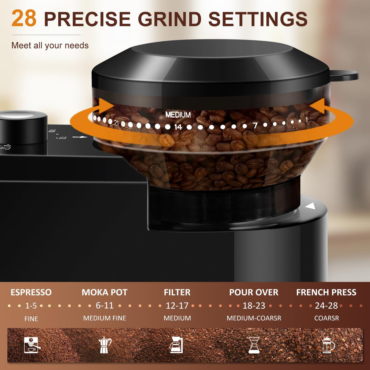 Kirainafly grinder adjustment dial with 28 grind settings for versatile brewing.