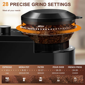 Kirainafly grinder adjustment dial with 28 grind settings for versatile brewing.