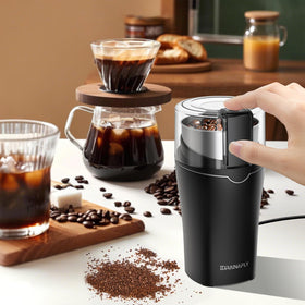 KIRAINAFLY grinder with 80g cup, ideal for up to 12 cups of coffee.