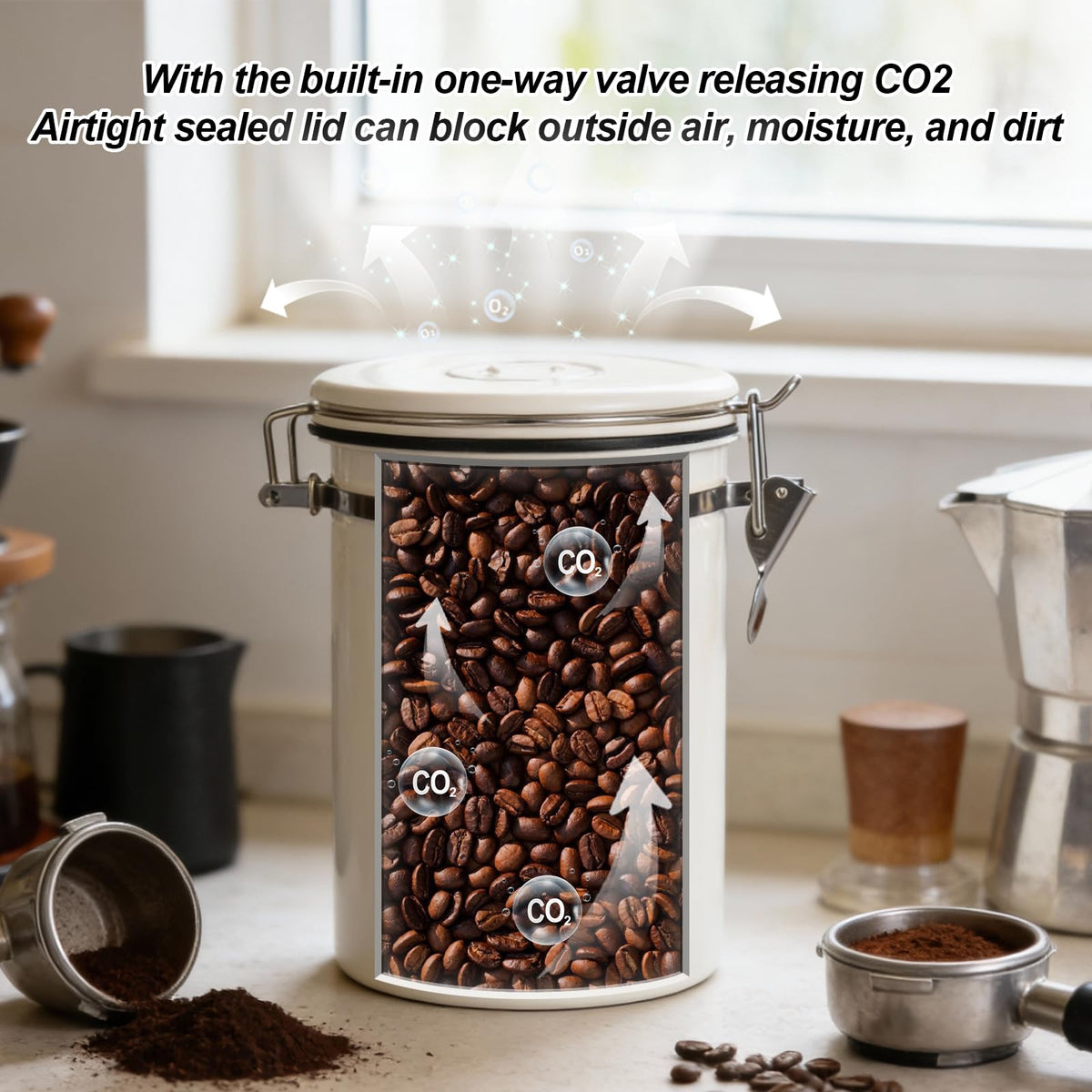 Kirecoo coffee canister with coffee beans inside