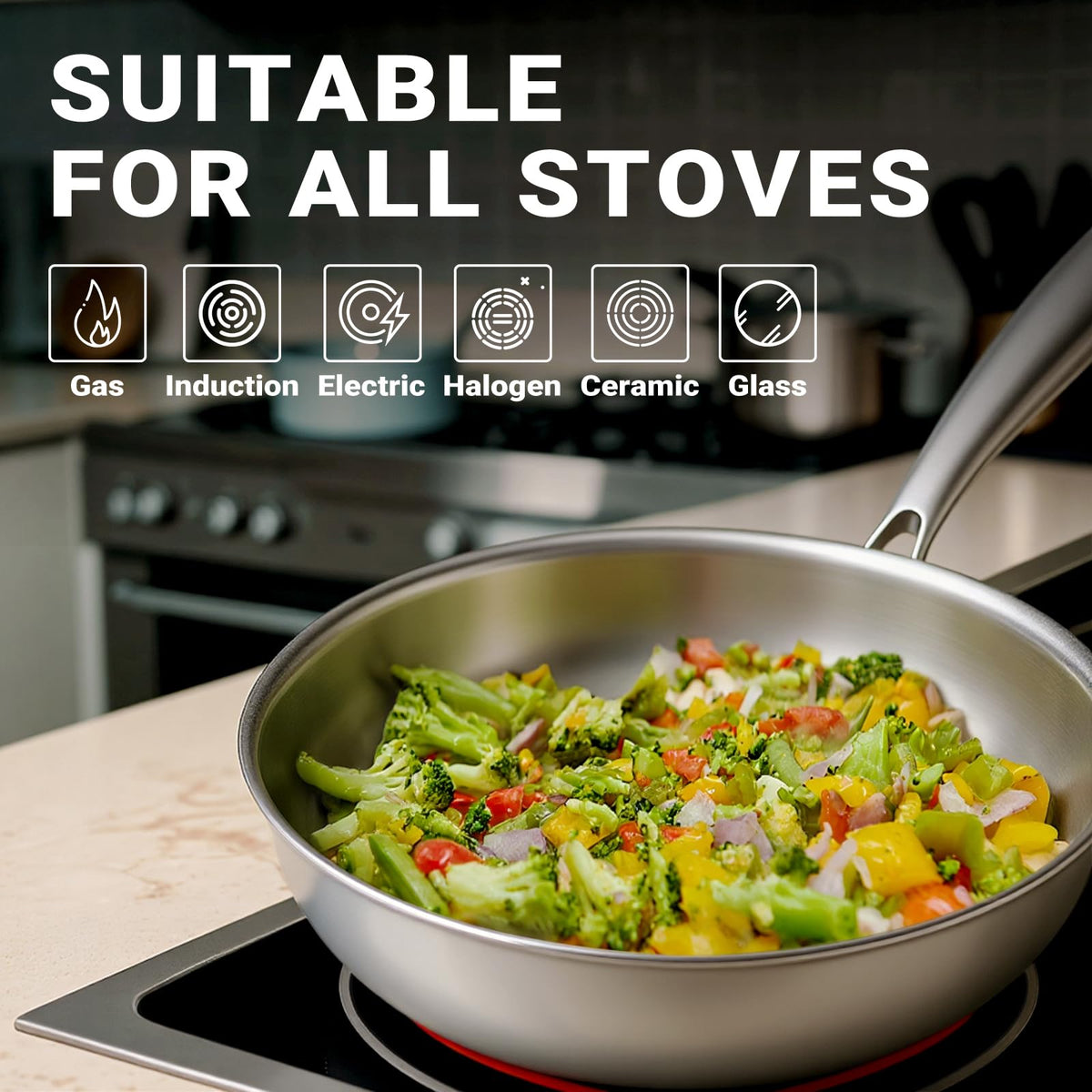 Kirecoo Tri-Ply Pan compatible with induction cooktops for versatile kitchen use.