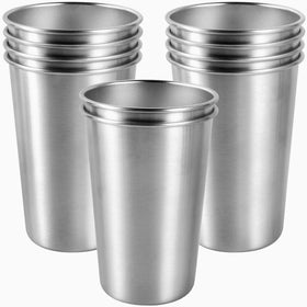 KISEER 10-pack stainless steel pint cups with stackable design for compact storage.