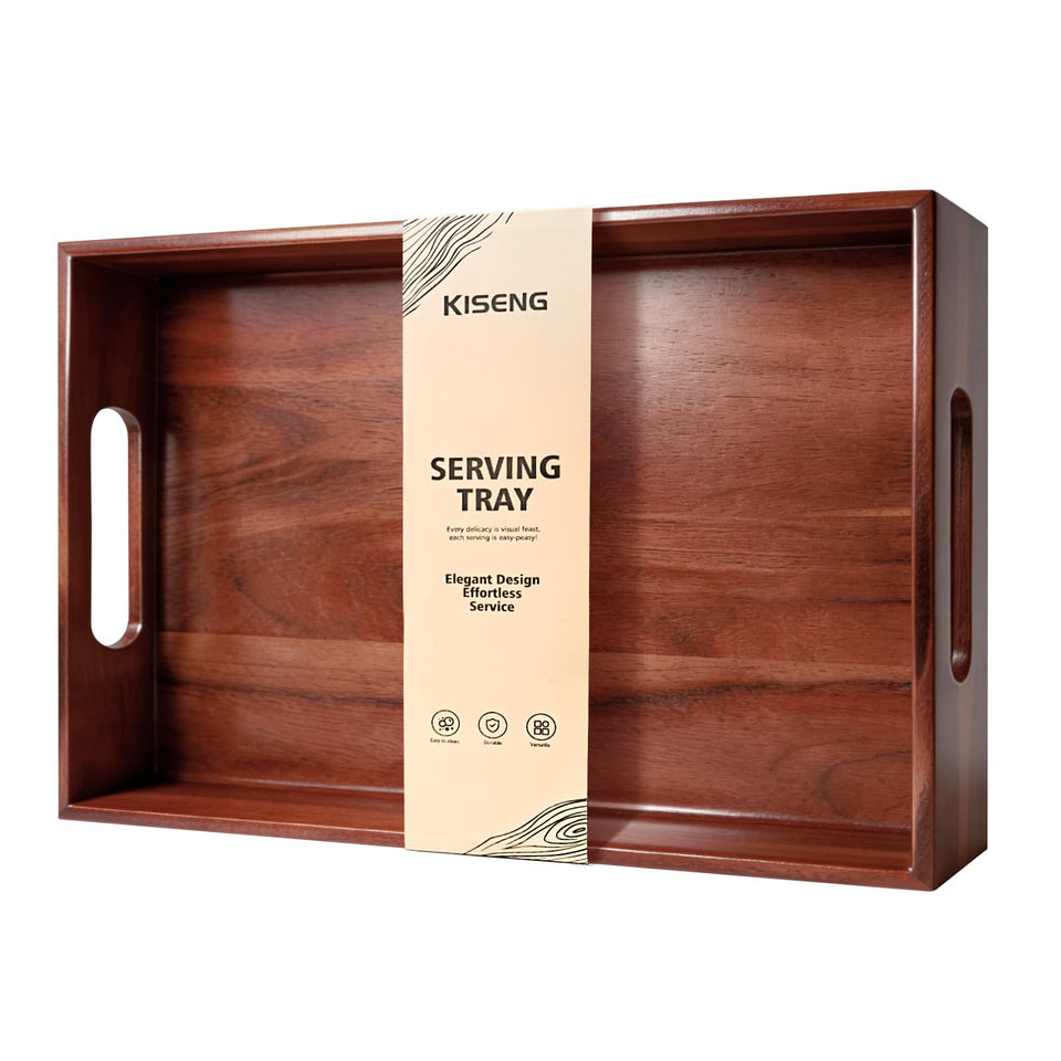 KISENG acacia wood serving tray with handles, easy to carry meals.