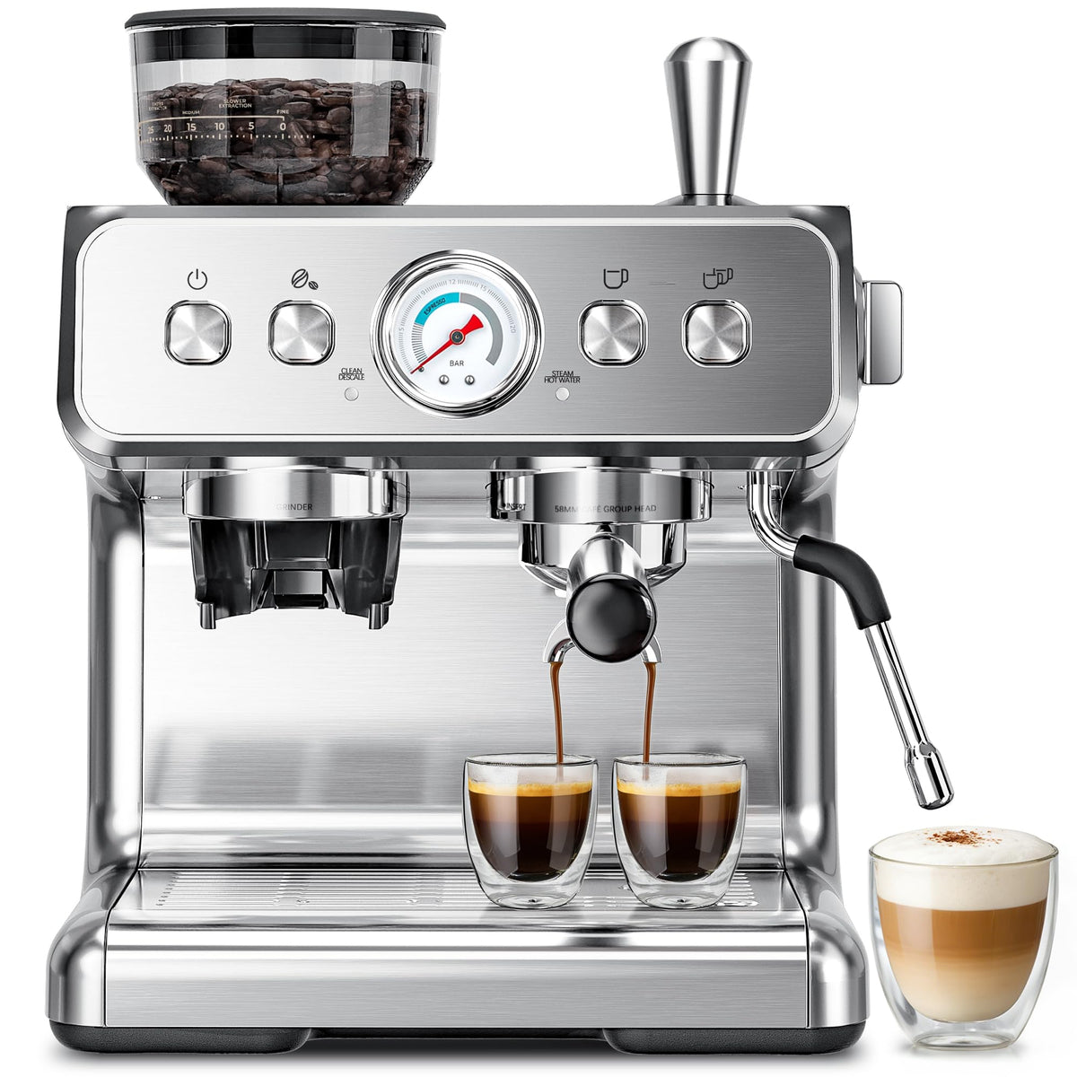 Kismile espresso machine front view in stainless steel for a stylish home setup