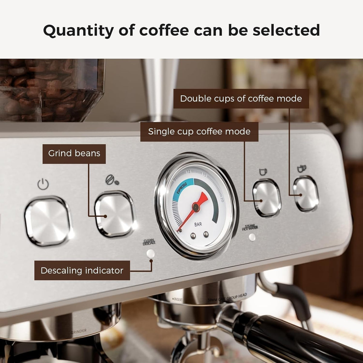 Kismile espresso machine built-in grinder detail showing dialed grind settings for fresh flavor