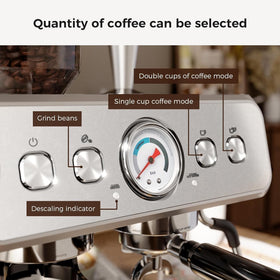 Kismile espresso machine built-in grinder detail showing dialed grind settings for fresh flavor