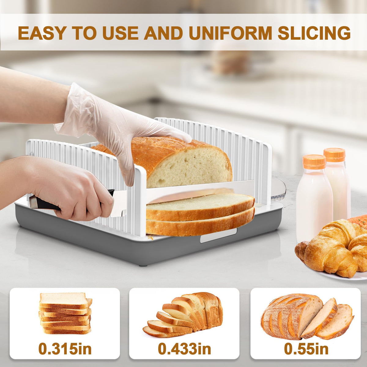 Kiss Core Widen Bread Slicer showing adjustable thickness grooves up to 28 cm.