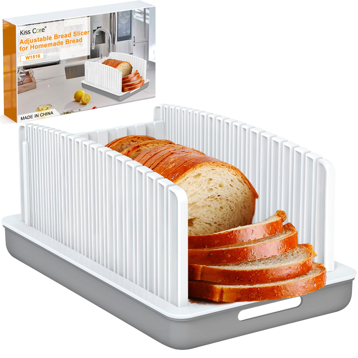 Kiss Core Upgrade Bread Slicer showing wide-cuts capability for uniform slices