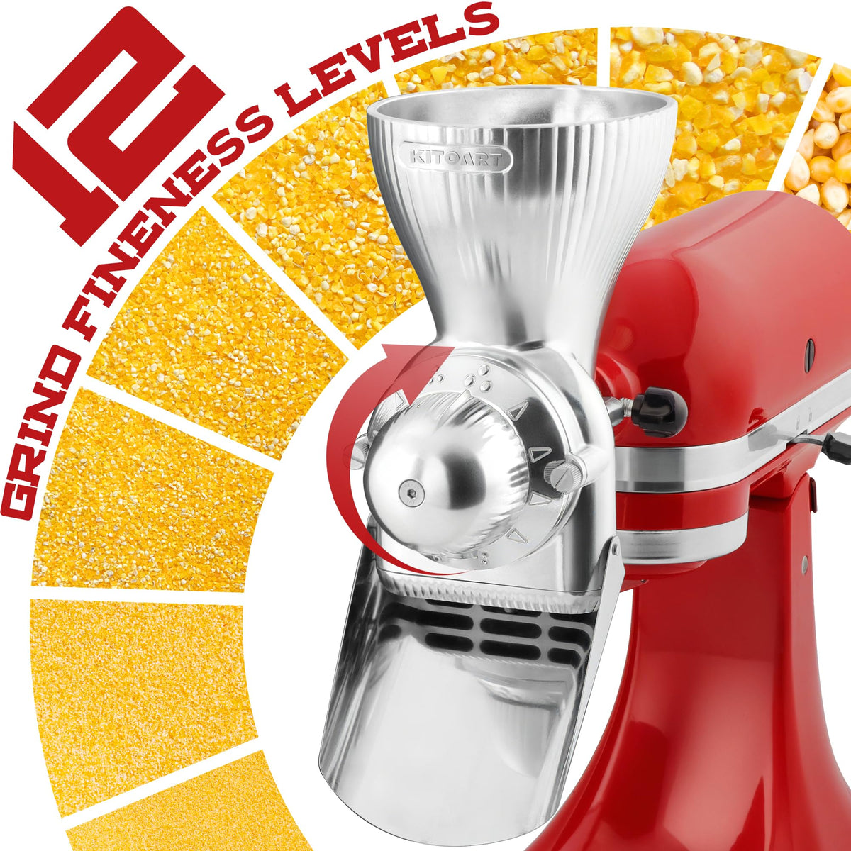 KITOART grain mill 12 grind levels dial enabling precise flour texture for various grains.