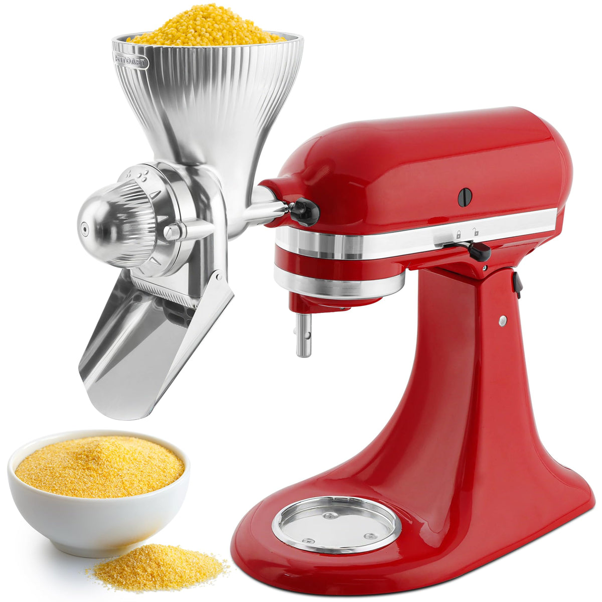 KITOART grain mill attachment on KitchenAid mixer for durable grinding precision.