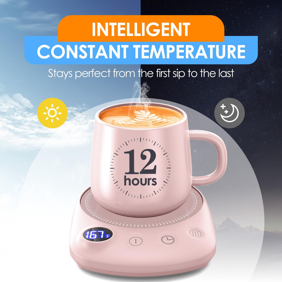 KitchekShop mug warmer with four temperature settings for precise warmth.
