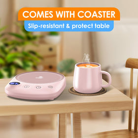 KitchekShop coffee mug warmer with accompanying coaster for a stylish desk setup.