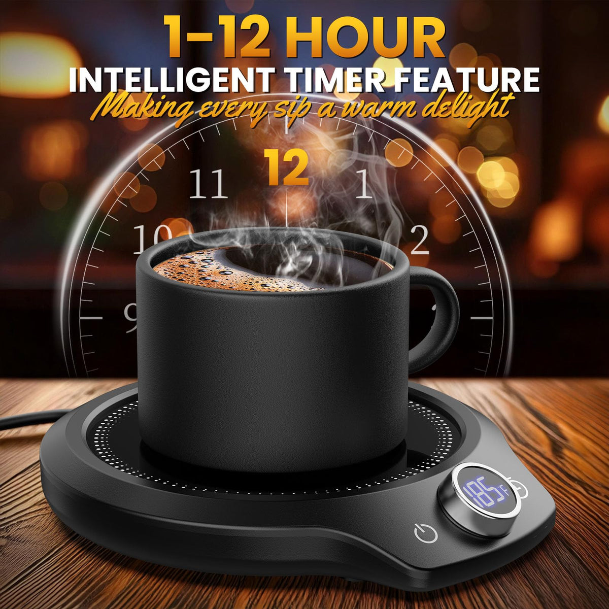 KitchekShop mug warmer LED display shows temperature and timer at a glance
